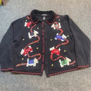 SEGUE Black Cardigan Sweater Large Ugly Christmas Charming Scottie Dogs Bells